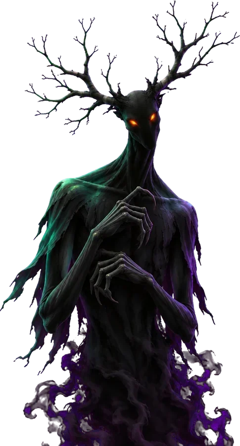Duskborn tinggi kurus dengan tanduk serupa ranting, kepalanya miring seperti sedang mendengarkan.