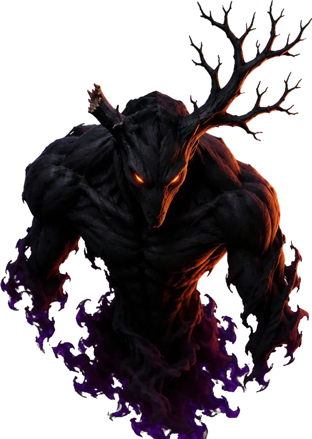 Duskborn berbahu besar dengan satu tanduk patah, kepalanya merunduk siap menyeruduk.